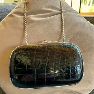 Judith Leiber slim slide Alligator Clutch with Jewel Clasp & Gold Shoulder Chain